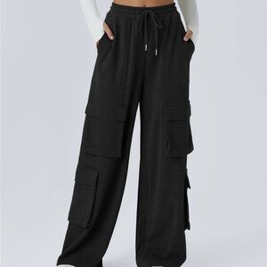 Women's Ribbed Mid Rise Drawstring Pockets Wide Leg Black Cargo Casual Pants